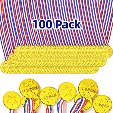 Imagem de sunioine 100 Medalhas de Ouro para Prêmios para Crianças, Medalhas de Prêmio Vencedor de Plástico para Prêmios Esportivos Infantis, Medalhas de Futebol, Troféus de Participação em Equipes, Jogos,