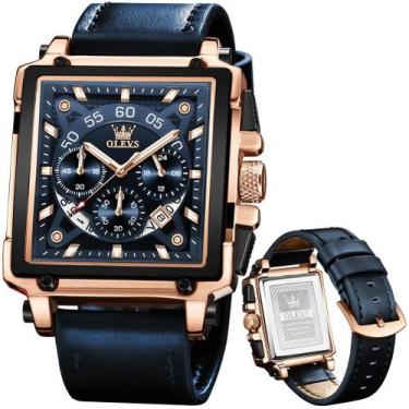 Imagem de Relógio OLEVS Blue Square com pulseira de couro cronógrafo para homens