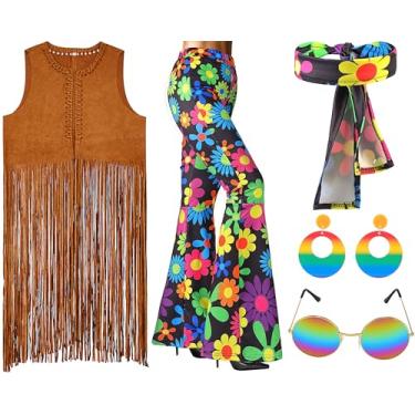 Imagem de SATINIOR 5 peças de roupas femininas dos anos 60 e 70, conjunto de fantasia hippie discoteca, colete de borla, faixa de cabeça, calça rodada, brinco de óculos de sol (P)