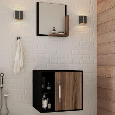 Imagem de Armário de Banheiro Olivia 1 Porta 2 Prateleiras com Espelho Preto ônix/Nogal - Pnr Móveis
