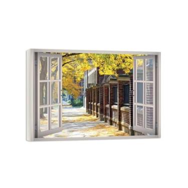 Imagem de Impressão lona janela falsa-Autumn Tree Street-Imagem arte parede paisagem-Pintura moderna para banheiro decoração 50x70cm20x27in Tela Embrulhada