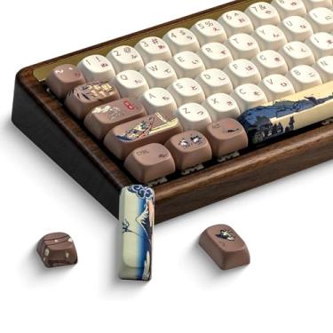 Imagem de OHY XVX MOA Perfil japonês Fuji Mountain Theme PBT Conjunto de teclas PBT 140 teclas café e creme personalizadas para teclados mecânicos layout dos EUA (marrom/bege design com puxador de tecla)