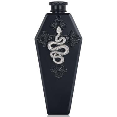 Imagem de Frasco em forma de caixão de 100 ml com design de cobra e cruz - Garrafa de anca gótica inspirada em litherin de aço inoxidável para licor, uísque, vodka