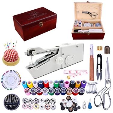 Imagem de Máquina de costura portátil, com elegante caixa de costura de madeira e kit de costura de 153 peças, mini máquina de costura portátil sem fio, perfeita para adultos, iniciantes e reparos domésticos