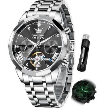 Imagem de OLEVS Relógios de pulso masculinos automáticos mecânicos luxuosos, mostrador grande, turbilhão, esqueleto, luminoso, G6619: pulseira prata e mostrador preto, Presente de festa clássico casual de luxo
