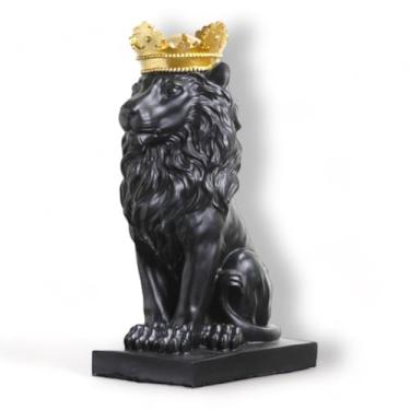 Imagem de Estátua Leão com Coroa Decoração em Resina Grande Casa Enfeite (Preto)