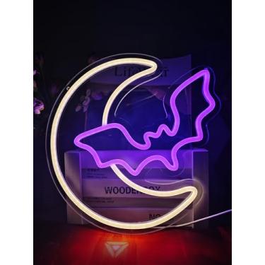 Imagem de Pedaiah Letreiro De Neon Led Halloween, Lua Amarela E Morcego Roxo, Letreiros Iluminados Para Decoração Parede, Luzes Suspensas Acrílico Alimentadas Por Usb, Janelas Bares, Cafeterias Lojas, 14,2 X