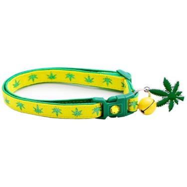 Imagem de Coleira para gatos de maconha com sino e pingente | Coleira de segurança | Tamanho grande ajustável ou coleira gatinho... (amarelo, grande (4,5 kg ou mais))