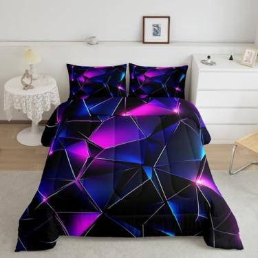Imagem de jejeloiu Conjunto de edredom com colmeia para meninos, tamanho casal, roxo ombré, para meninas e adolescentes, edredom geométrico, respirável, macio, leve, microfibra para decoração de quarto, 3 peças