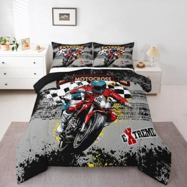 Imagem de Feelyou Conjunto de edredom infantil de motocross, para esportes radicais, para decoração de quarto de meninos e meninas e adolescentes, conjunto de cama de microfibra