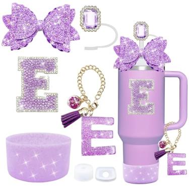 Imagem de Conjunto de acessórios de copo Stanley roxo de 7 peças, decorações de iniciais para Stanley Cup 850.5 g 1,134 g, inclui cobertura de canudo de joia, tampa à prova de derramamento, pingente de alça