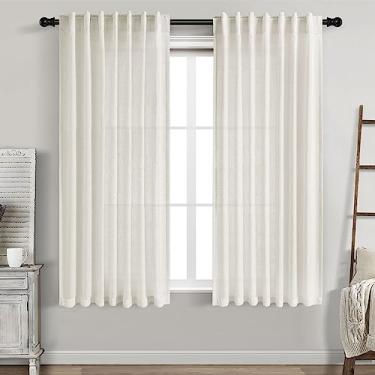 Imagem de Cortinas de linho creme de 154 cm de comprimento para sala de estar, conjunto com 2 painéis, cortina neutra moderna para janela de casa de fazenda, semitransparente, filtro de luz, privacidade, aba