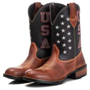 Imagem de Bota Texana Masculina Couro Cano Alto Estrelas Zíper Estilo - Campero,