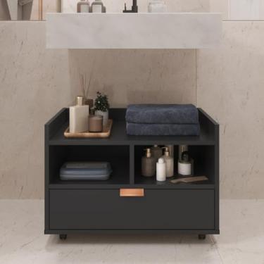 Imagem de Gabinete Armário Banheiro Pia De Coluna C/Rodízios Cobreado(Preto)