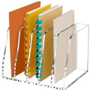 Imagem de SANRUI Organizador de arquivos de mesa de acrílico, 5 compartimentos verticais transparentes porta-arquivos de revistas, classificadores de espaço de trabalho, suporte de pasta para armazenamento de