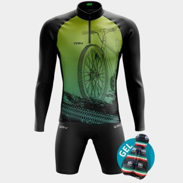 Imagem de Conjunto Ciclismo Masculino - Camisa Bike Roda Verde Degradê PRO Manga