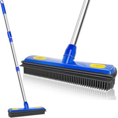 Imagem de Vassoura para remoção de pelos de animais de estimação com cabo telescópico de 147 cm - Vassoura com rodo - Ferramenta de remoção de pelos de pelo para tapetes, tapetes, madeira, azulejo, janela