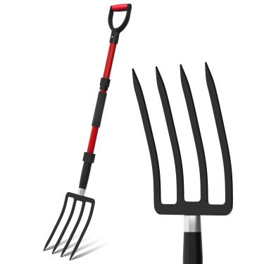 Imagem de COSITA Garfo para jardim, forcado de 111 cm com cabo de fibra de vidro, garfo de jardinagem com 4 dentes de metal, forcado resistente para estrume, cobertura morta, escavação, aeração, vermelho