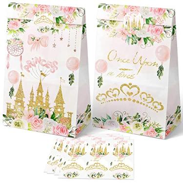 Imagem de 24 peças de sacos de lembrancinhas de festa de princesa com adesivos – sacos de doces de festa de princesa – sacos de presente de princesa com tema de princesa