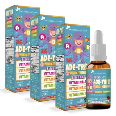 Imagem de Kit 3x ADE-TRIX Vitamina A, D, E 30ml Cada - Sabor Morango - Flora Nat
