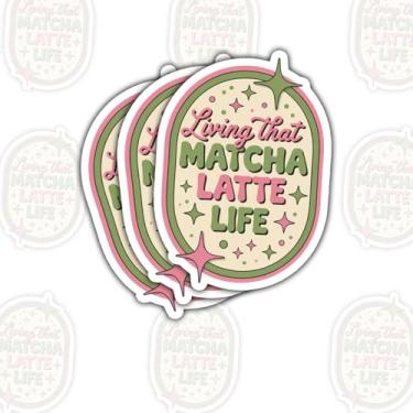 Imagem de Adesivo Living That Matcha Latte Life com 3 peças – Decalque de vinil com citação estética de chá verde à prova d'água para laptop, garrafa de água, copo, caderno – presente para amantes de Matcha