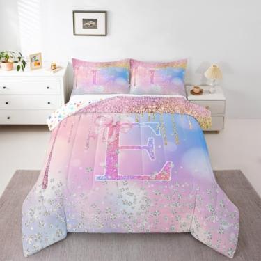 Imagem de jejeloiu Conjunto de edredom para crianças, meninos, meninas, tamanho solteiro, com estampa de diamante com glitter, edredom com laço rosa, edredom com letra E personalizado, decoração de quarto com