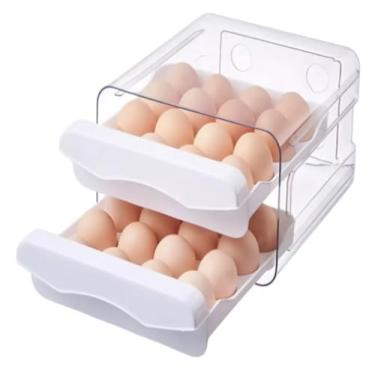 Imagem de Organizador de Ovos para Geladeira, 32 Ovos, 2 Gavetas, 22,5 x 21,5 x 14 cm, Transparente e Branco