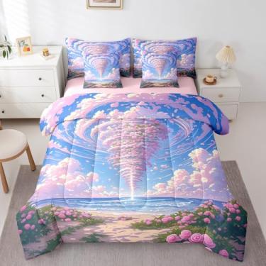 Imagem de Erosebridal Conjunto de edredom casal com estampa de mar floral, tempestade romântica, tornado romântico, 7 peças, para crianças, meninas, mulheres, verão, rosa, nuvem, colcha, geométrico, furacão,