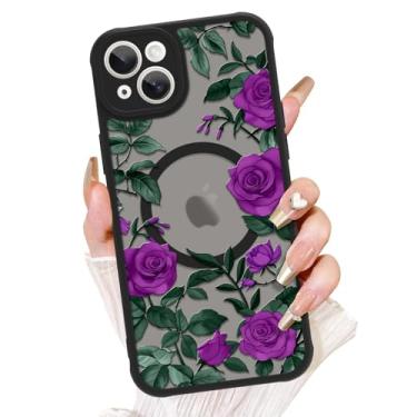Imagem de AIGOMARA Capa para iPhone 13, compatível com MagSafe, linda estampa de flor rosa com capa de telefone fosca semitransparente para mulher Gilrs TPU macio e PC capa protetora traseira fina roxa