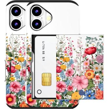 Imagem de MUQR Capa compatível com iPhone 16 Plus com porta-cartão fofo - Design Kawaii, proteção contra quedas de nível militar, capa carteira robusta para mulheres (flores brancas desabrochando)