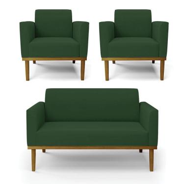 Imagem de Sofá Namoradeira Com 2 Poltronas Base De Madeira Fixa Castanho Marisa Veludo Verde D03 - D?rossi