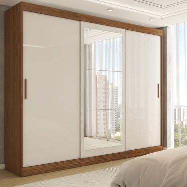 Imagem de Guarda-Roupa Casal Harvard 3 Portas 2 Gavetas com Espelho 100% Mdf Off White/Nogueira - Panorama Móveis
