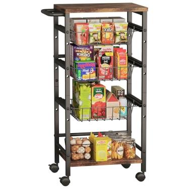 Imagem de Carrinho organizador de lanche de 5 camadas com 3 cestos ajustáveis em altura e 2 prateleiras de armazenamento, organizador de cozinha utilitário e carrinho de armazenamento com alça conveniente para