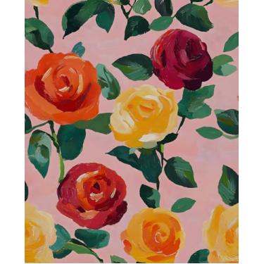 Imagem de VOLEAAR Papel de parede em aquarela rosa, papel de parede autoadesivo de flores florais coloridas abstratas para armário de quarto de meninas, papel de contato de vinil romântico amarelo laranja rosa