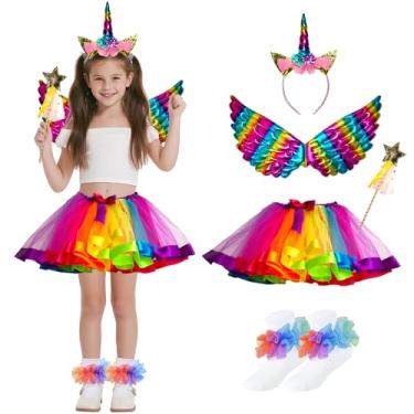 Imagem de WBZOTSS Conjunto de fantasia de princesa unicórnio para meninas, 5 peças, saia tutu com asas, varinha, faixa de cabeça, meias (cor A, 8-12 anos)