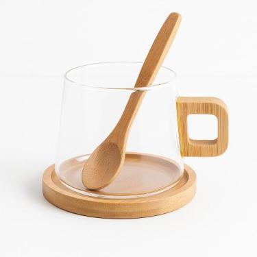 Imagem de Caneca Xícara De Vidro 300ml Com Alça De Bambu + Pires E Colher Para C