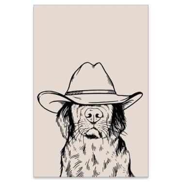 Imagem de ZERFVTG Arte de parede de cachorro ocidental preto e branco chapéu de cowboy vintage pôster moderno minimalista legal impressões em tela para decoração de parede de sala de estar do campo 40 x 61 cm