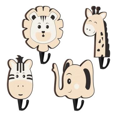 Imagem de Bnesi 4 peças de ganchos de parede decorativos para berçário de safári fofo para berçário de animais da selva, cabides de madeira, banheiro, quarto, decoração de casa, roupão, toalha, chapéus, (fofo)