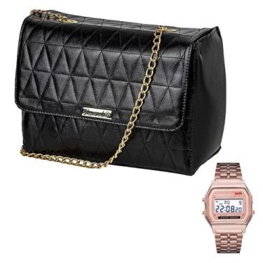 Imagem de Bolsa Feminina Transversal Metalassê Alça com Corrente Preta + Relógio