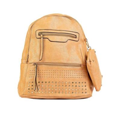 Imagem de Kit Bolsa Mochila Couro Feminina Alto Relevo Detalhes Metálicos Aprico