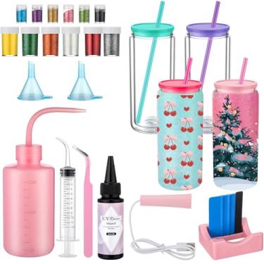 Imagem de Skylety Kit de suprimentos para globo de neve de 473 ml, copo de vidro de parede dupla pré-perfurado, 12 cores, funil, pinça, seringa dobrada, resina UV, porta-copos, raspador (colorido)