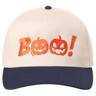 Imagem de MIRMARU Boné de caminhoneiro bordado de Halloween com 5 painéis, dois tons, ajustável, boné de beisebol para homens e mulheres (Boo!, NVY/NATL)