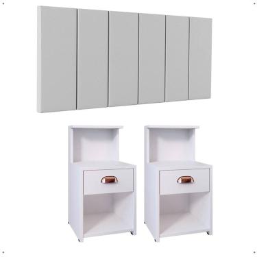 Imagem de Kit 2 Mesas Gaveta Nicho Prateleira Retrô Cléo Cabeceira Estofada Júlia Corino Cama King Size 1,95 Branco Quarto - RPM