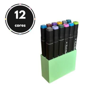 Imagem de Kit 12 Marcadores Ponta Dupla Caneta Touch com Suporte Organizador Cor Verde Pintura Colorir