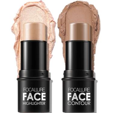 Imagem de FOCALLURE 2 peças de bastão de contorno de creme mineral, iluminador hidratante e caneta bronzeadora, lápis antiaderente, brilho facial e sombreado, maquiagem iluminadora facial de deslizamento suave