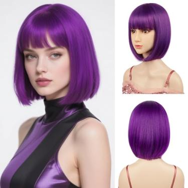 Imagem de Perucas Bob roxo escuro com franja plana incluem touca de peruca de cabelo de fibra sintética resistente ao calor de 30 cm para todas as mulheres, crianças, adultos, fantasia de Halloween, perucas