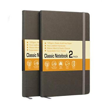 Imagem de LYTek Cadernos de couro sintético forrados com 120 g/m², caderno executivo de capa dura, 13,3 x 21 cm para escrever – data marcada, bolso interno, marca de fita e fecho elástico (cinza, pacote com 2)