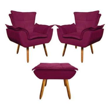 Imagem de Kit 2 Poltrona + Puff Opala Decorativa Suede Vinho - King Lar