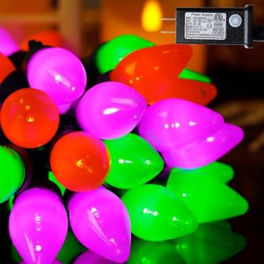 Imagem de HAYATA C7 Luzes de corda de morango de Halloween - 50 LED 6,5 m, roxo, verde e laranja com plugue de 30 V - extensível 8 modos de iluminação de fadas para jardim ao ar livre, quintal, casa, festa de