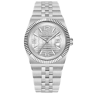 Imagem de Pagani Design Relógios masculinos analógicos, mecânicos automáticos, relógio de pulso de aço inoxidável 316L, vidro safira de 40 mm, calendário luminoso à prova d'água 100 m, Prata, branco